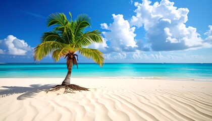 Fototapeta premium Tropical Paradise Beach with Palm Tree and Turquoise Ocean.