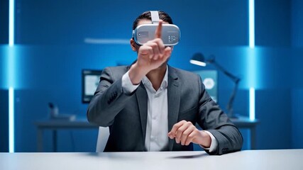 A man in a suit wearing a VR headset, interacting with a digital interface in a modern office - Powered by Adobe