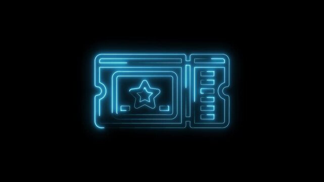 Glowing blue neon ticket animated on black background for events and entertainment