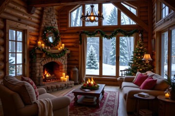 Fototapeta premium Rustic wooden living room with candles, garlands, and pine wreath, soft warm glow from fireplace, snow visible through window.