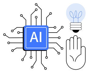 Naklejka na ściany i meble AI microchip with circuits, glowing light bulb, and open hand suggesting intellect and collaboration. Ideal for AI, innovation, technology, creativity, teamwork problem-solving future. Simple flat Naklejka na ściany i meble AI microchip with circuits, glowing light bulb, and open hand suggesting intellect and collaboration. Ideal for AI, innovation, technology, creativity, teamwork problem-solving future. Simple flat