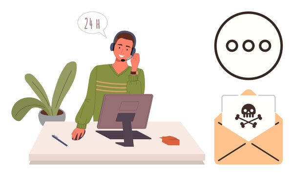 Man with headset at desk addressing cybersecurity threat shown as envelope with skull. Ideal for tech support, cybersecurity, IT services, online safety, helpline, customer service, simple flat - Powered by Adobe