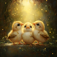 Baby Chicks with Soft Glow, "Glow of Baby Chicks", "Cute Chicks in Light", "Soft Glow Around Chicks", "Three Baby Chicks" "Newborn Chicks in Warm Light", "Chick Trio in a Soft Glow", "Chicks with Magi