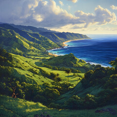 Coastal Landscape with Sunlight, "Coastal Beauty Under Sunlight", "Breathtaking Coastal View", "Sunlit Coastal Landscape", "Green Coastline with Ocean View", "Coastal Hills Bathed in Sunlight", "Seren