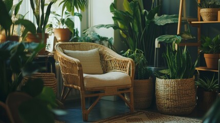 Fototapeta premium 63.A stylish and modern living space with a bright botanical theme, where a cozy wooden chair is placed among various potted plants in woven baskets, enhancing the organic ambiance.