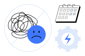 Sad face and tangled line crossed, symbolizing avoided confusion, next to planner and gear icon. Ideal for productivity, time management, emotional health, problem-solving, focus, goal setting