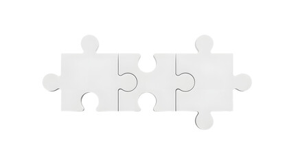 Two white jigsaw puzzle pieces fitting together perfectly to form a connection or solution isolated on transparent background