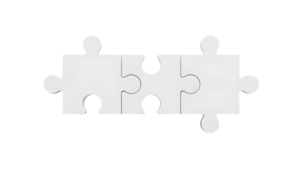 Two white jigsaw puzzle pieces fitting together perfectly to form a connection or solution isolated on transparent background