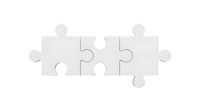 Two white jigsaw puzzle pieces fitting together perfectly to form a connection or solution isolated on transparent background