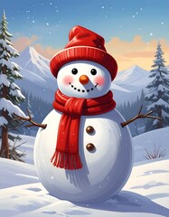 Cheerful snowman in red hat and scarf in snowy winter landscape