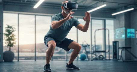 Athletic man wearing a virtual reality headset performs squats during an immersive workout in a modern gym. - Powered by Adobe