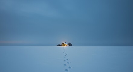 Fototapeta premium Footprints in the deep snow lead to a cabin glowing with warm light against cool,muted tones of approaching winter night.Christmas and new year mood,copy space.