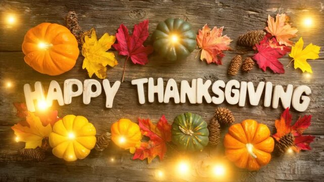 Happy Thanksgiving text on wooden background with blinking lights. Pumpkins, cones and yellow and red autumn maple leaves. Autumn harvest background