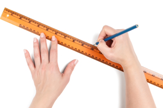 Female hands using orange ruler and blue pencil to draw straight line. Creative design or education concept with precision measurement and artistic workspace isolated on transparent background PNG. - Powered by Adobe