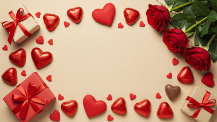 Roses, heart chocolates, gift box, copy space