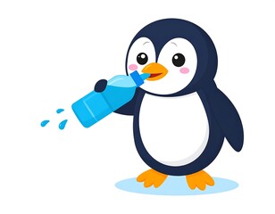 Obraz premium A cute cartoon penguin with a white belly and dark head, is drinking water from a blue bottle, with drops coming out. The background is white