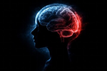 Glowing human brain inside silhouette head on black background.