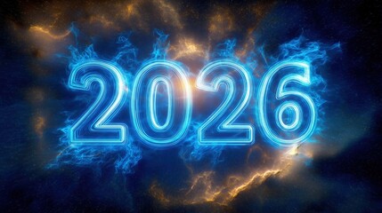 Vivid electric blue 2026 glowing numbers with stormy light effects, futuristic festive new year background for marketing, events, and digital signage