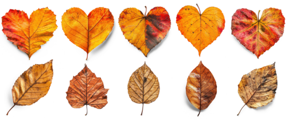 A collection of autumn leaves arranged in a heart shape on a white background.