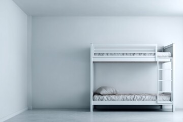 Empty white room with a clean bunk bed and mattresses.