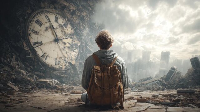 Fantasy concept of a traveller with backpack looking at the clock. Time or life slipping away, losing hope. 