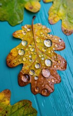 Fototapeta premium Premium Autumn Macro of Oak Leaf with Raindrops on Teal Background Authentic Seasonal Content for Nature and Lifestyle Marketing Campaigns