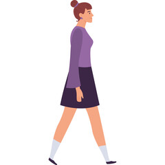 Fototapeta premium A Pixelated Cartoon Woman Walks Forward in a Purple Top and Dark Skirt with White Socks and Blue Shoes on a White Background