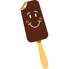 Smiling Chocolate Covered Ice Cream Bar With Bite Taken Out On Wooden Stick Isolated On White Background