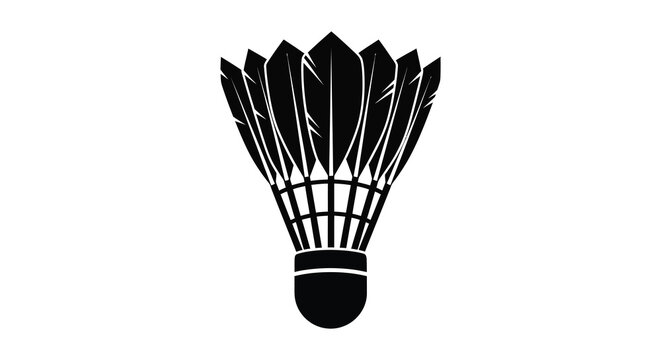 Black silhouette of a badminton shuttlecock with feathers and a base on a white background