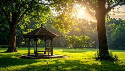 Obraz premium Serene park scene with gazebo bathed in sunlight.