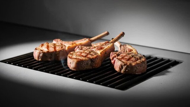 Four juicy bone-in pork chops are grilled to perfection on a black metal grate, with flames licking the meat.
