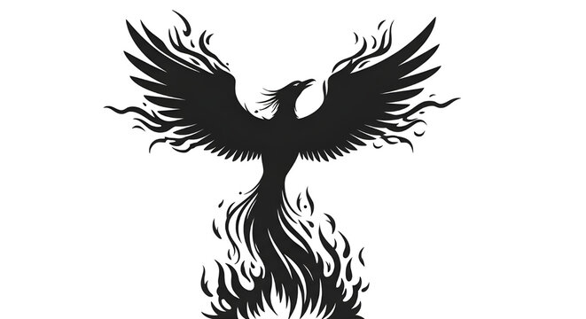 Black phoenix bird rising from fire flames silhouette symbol or mythical logo design element isolated PNG with Transparent Background