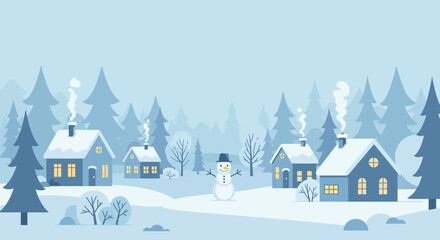 Fototapeta premium Escape to a peaceful winter village where cozy homes nestle among snow-covered trees and a cheerful snowman spreads holiday cheer. Ideal for seasonal designs & greetings.