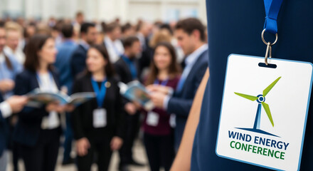 Wind energy conference badge in crowd — symbol of global cooperation for sustainability