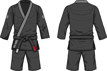 Brazilian jiu-jitsu gi, black uniform, grey lapel, black belt, rank stripes, martial arts gear, front back view, technical sketch