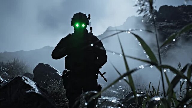army night goggles | A silhouetted soldier with glowing green night vision eyes navigates through a misty terrain, surrounded by dark rocks and wet vegetation under low light