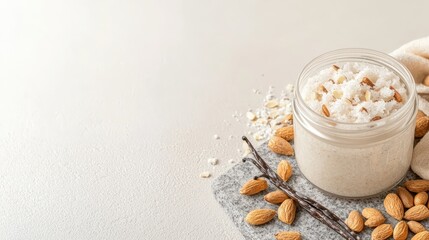 A jar of face scrub placed on a granite stone, surrounded by crushed almonds and vanilla pods, in a minimalist style with a clean background, symbolizing natural exfoliation and skin rejuvenation ,