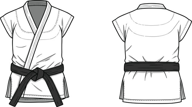 Martial arts gi, white uniform, black belt, karate outfit, judo top, Brazilian jiu-jitsu gear, front back view, technical sketch - Powered by Adobe
