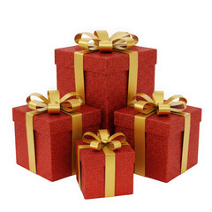 Obraz premium Red glitter gift boxes with gold ribbon isolated on transparent background