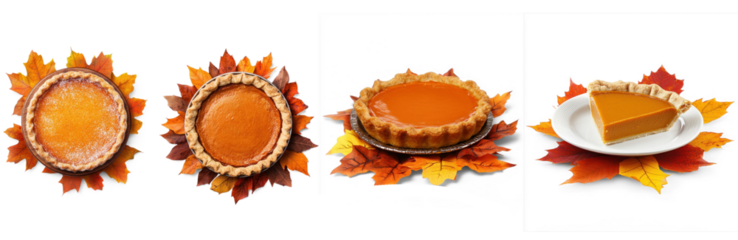 Four pumpkin pies on a white background with autumn leaves.