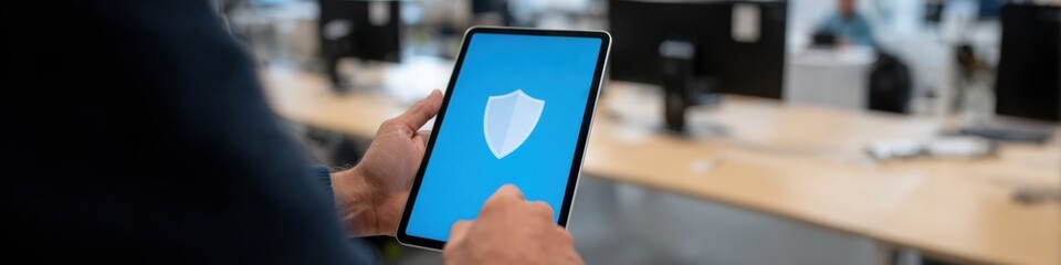 Modern Digital Privacy Protection with Secure Tablet and Shield Graphic in Professional Office Setting for Confident Cybersecurity Marketing Campaigns