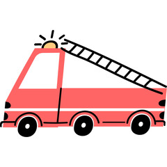 A Simple Red Fire Truck Illustration With A Ladder And Flashing Light On A Transparent Background