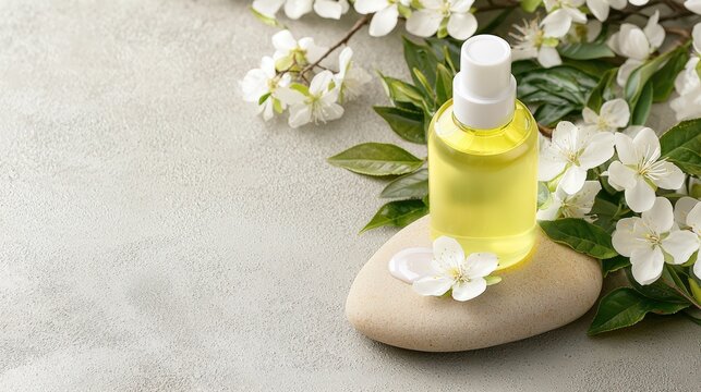 A bottle of cleansing oil resting on a smooth rock, surrounded by tea leaves and white blossoms, in a minimalist style with a clean background, promoting gentle and effective makeup removal solutions