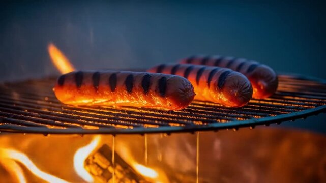 Three sausages sizzling on a hot barbecue grill over glowing flames at dusk.