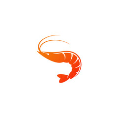 Stylized orange shrimp illustration with curved body and long antennae, isolated on a white background.