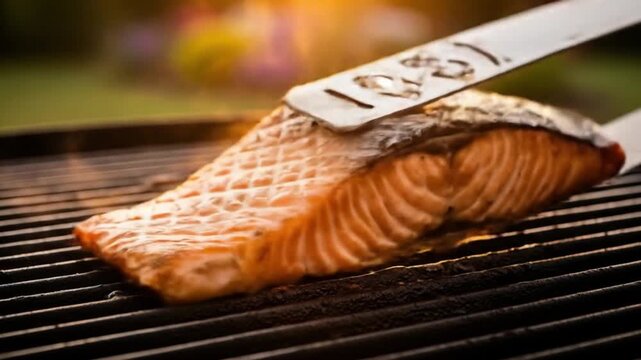 Grilled salmon fillet being flipped with a spatula on a barbecue grill.