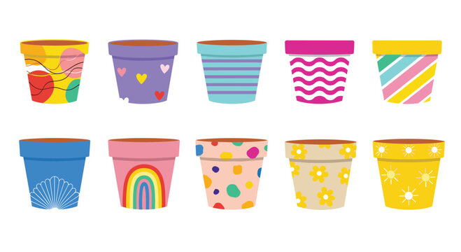 Collection of Ten Colorful Decorated Flower Pots.