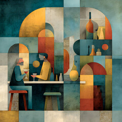 Old-style woodcut vector illustration of a man and woman in a business cafe setting with art design symbols