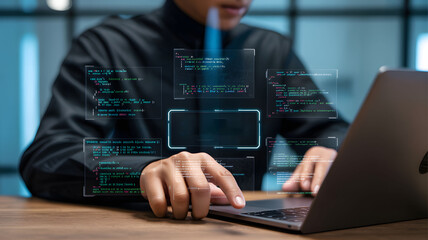 Software developer coding with augmented reality interface on laptop, futuristic technology for digital transformation and cybersecurity solutions