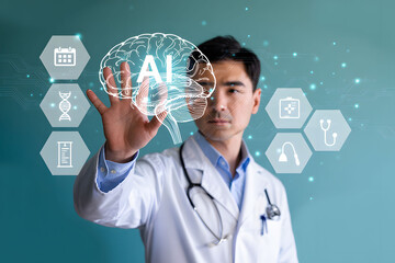 Innovative Asian doctor using AI technology for advanced healthcare solutions in a modern, digital clinic for future of medicine and personalized patient care